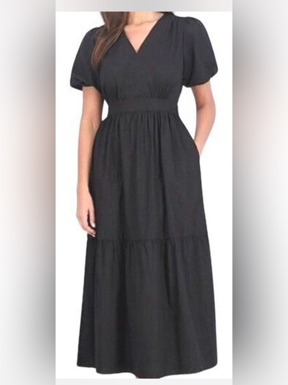 NWT French Connection 100% Cotton Black Maxi Dress Puff Sleeve V-Neck Tiered